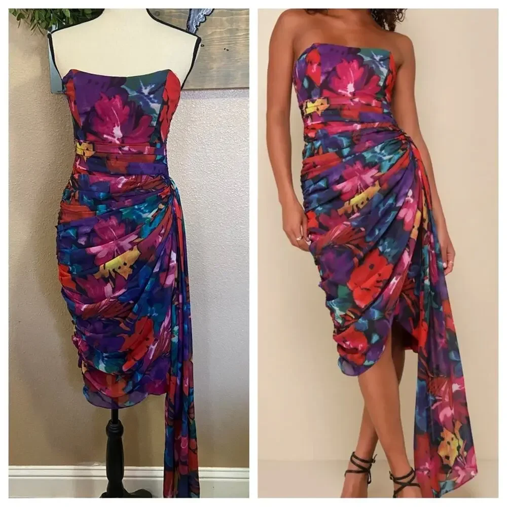 NWOT Lulus Uncommon Aesthetic Black Floral Strapless Bodycon Midi Dress